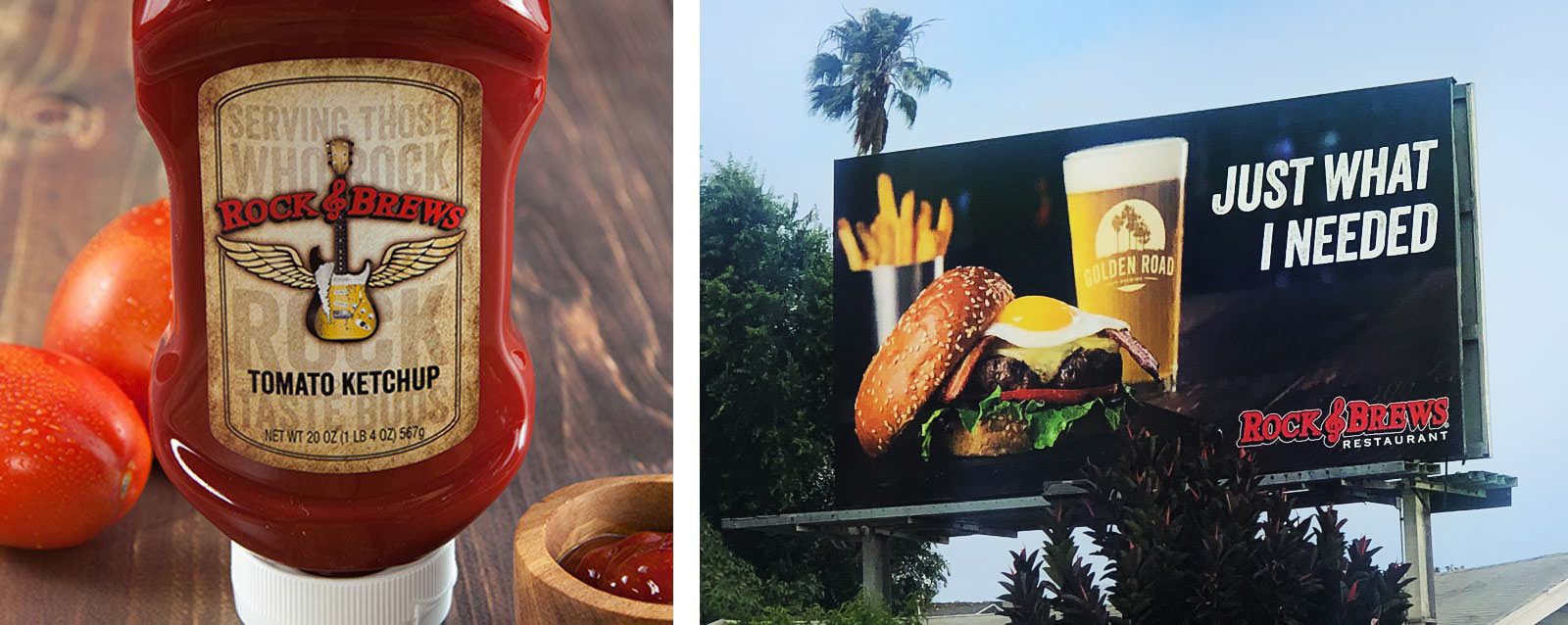 Rock & Brews ketchup label and billboard