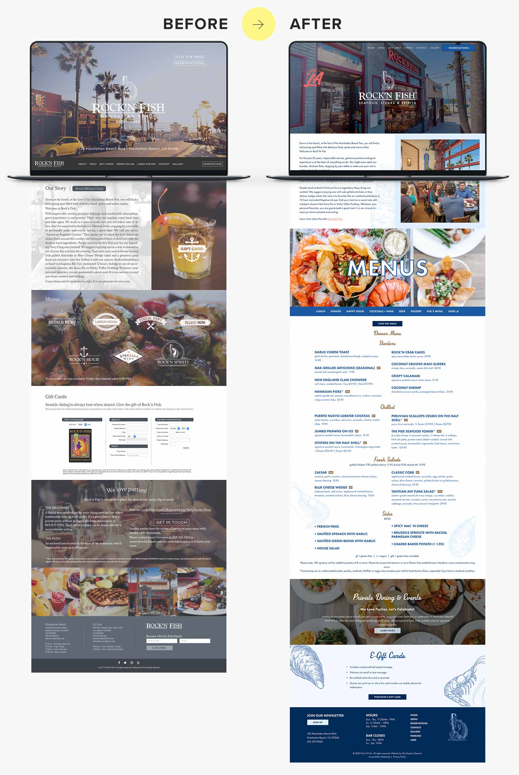 Before and after of the Rock'N Fish website